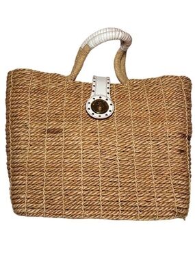 MICHAEL KORS Vintage large straw husk and white leather with gold tone studs